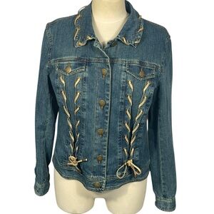 Pamela McCoy Stretch Denim Gold Leather Whipstitch Accent Jean Jacket Sz S